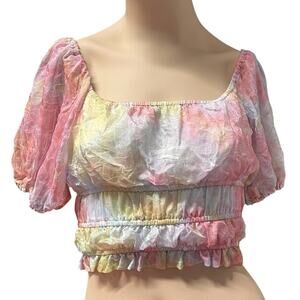 Blue Blush Smocked Crop Top Pink Yellow Tie Dye Ruffle Puff Sleeve Lined S Y2K